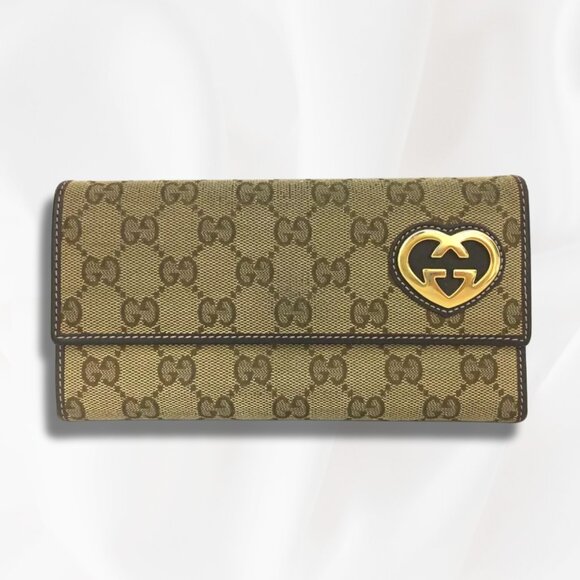 Gucci Handbags - GUCCI LOVELY HEART GG LOGO CANVAS LEATHER LONG BIFOLD WALLET